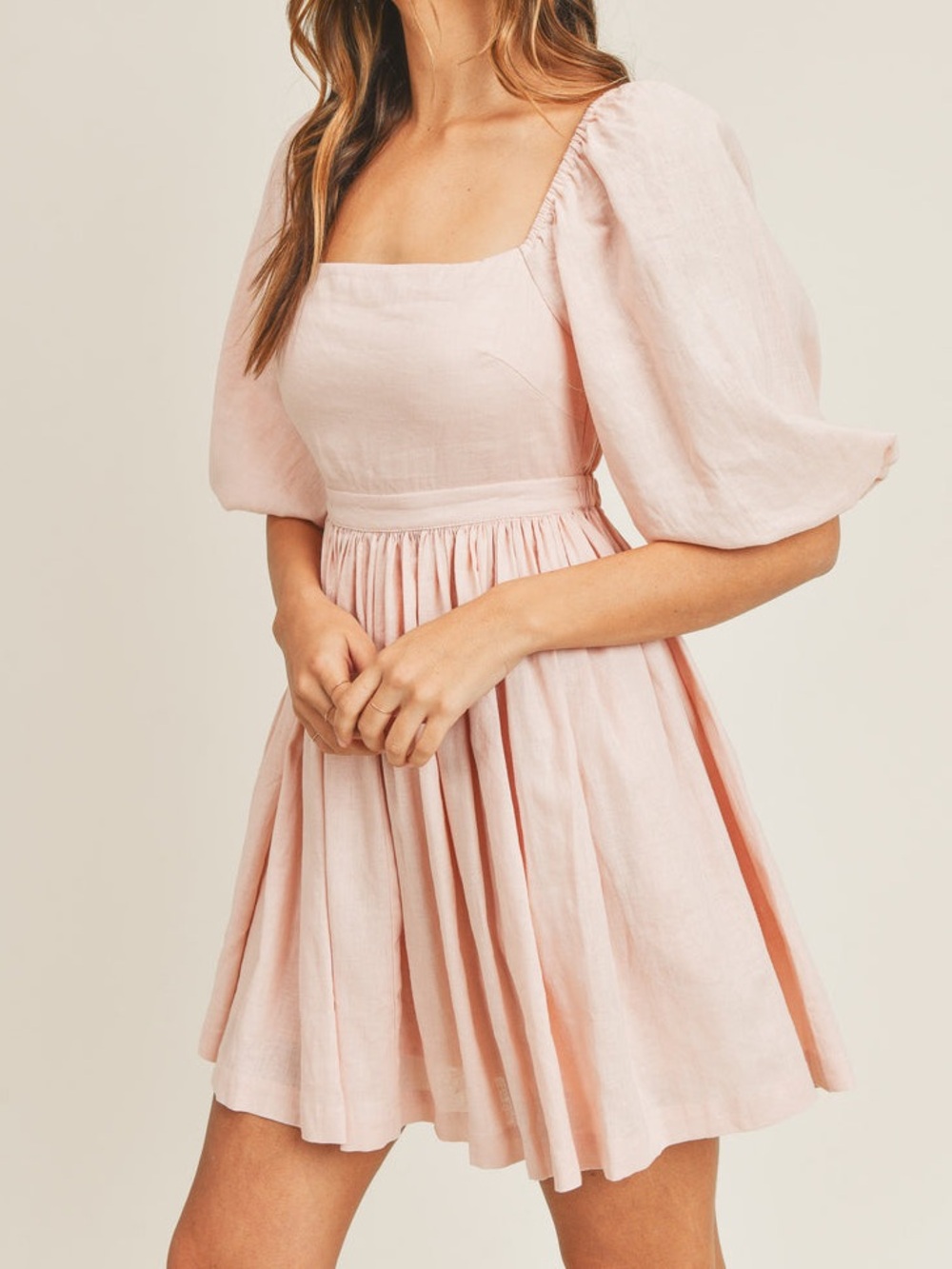 MABLE Puff Sleeve Square Neck Mini Dress in Blush